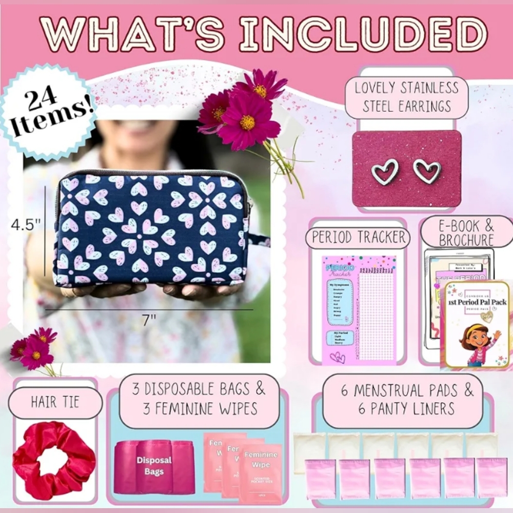 To Go Period Kit With Heart Pattern Pouch - Picture 2 of 8